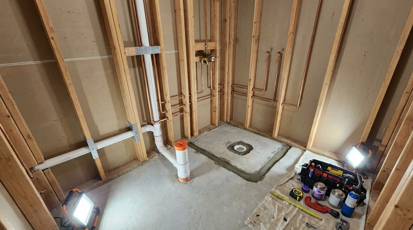 Bathroom rough-in plumbing during remodel by Johns Plumbing LLC in New Roads