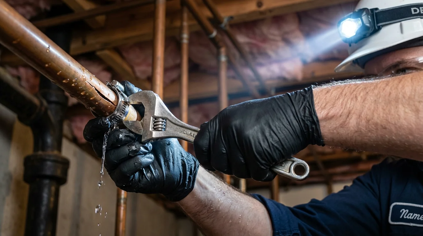 Emergency pipe clamp repair being performed by a Johns Plumbing LLC plumber in New Roads