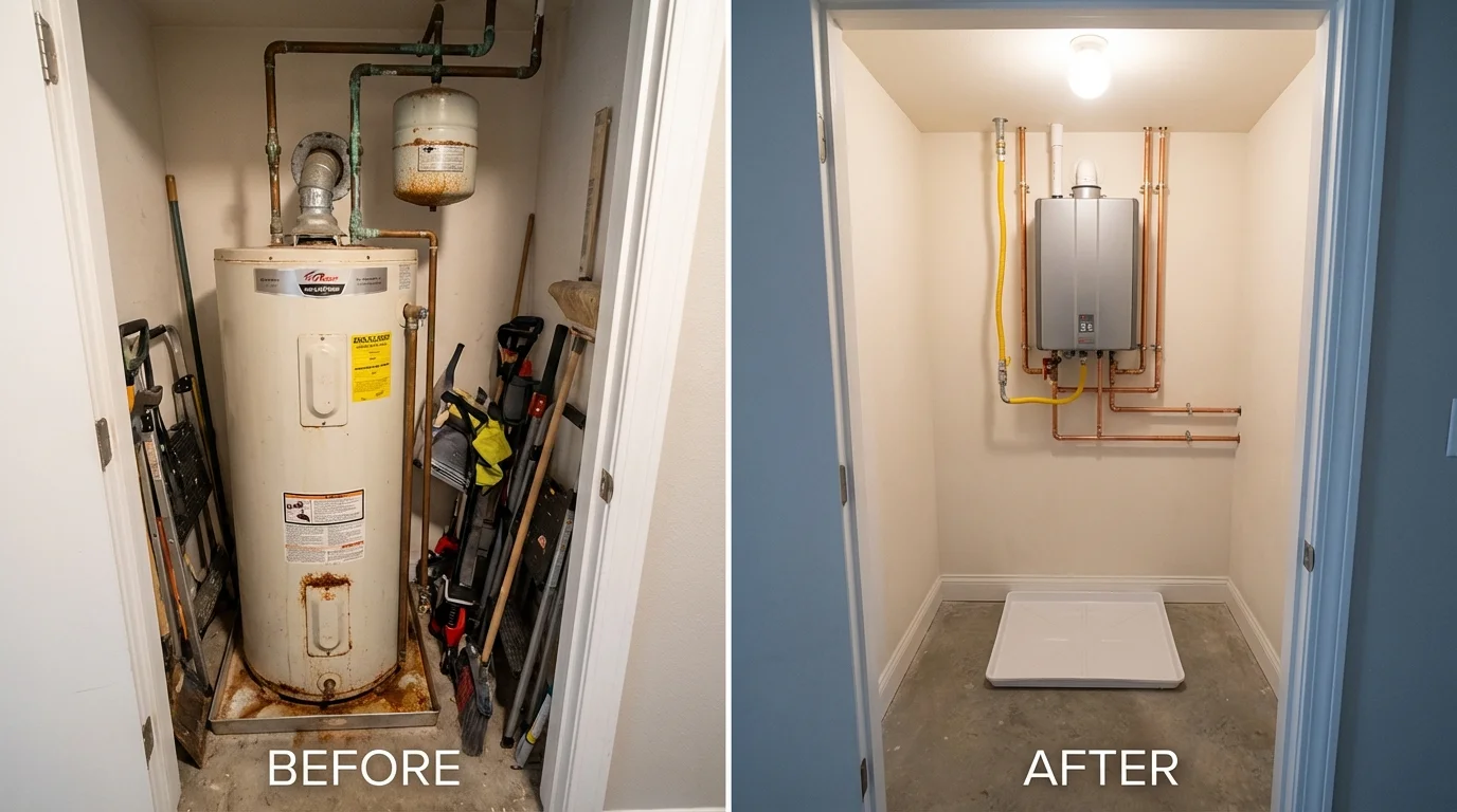 Tank water heater versus wall-mounted tankless unit comparison for New Roads, LA homeowners
