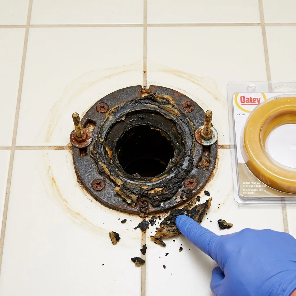 Failed wax ring showing water seepage at the base of a toilet in a New Roads, LA home