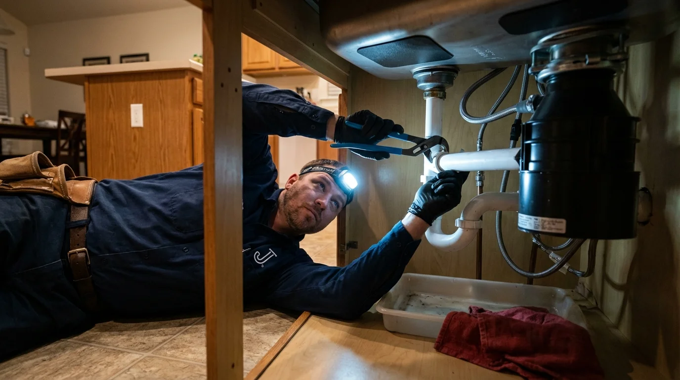 P-trap and supply line connections under a kitchen sink showing a common leak point in New Roads, LA